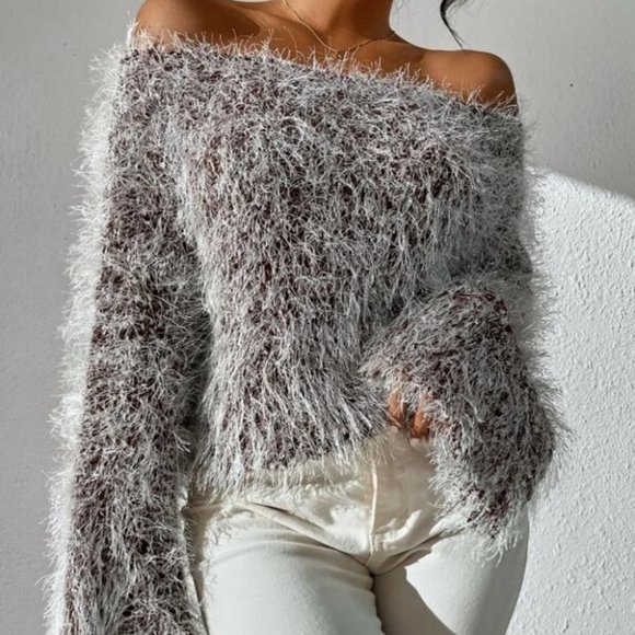 fluffy knit Off Shoulder Trumpet Sleeve Sweater Top Brown - Picture 8 of 9